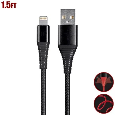 1.5FT USB to 8Pin For IOS Phone Sync Data Charge Cable Reinforced Braided Black - Image 1 of 4