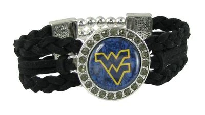 Pulsera West Virginia Mountaineers Multi Trenzada Cuero Negro Cristal Joyería Foto 1 de 2