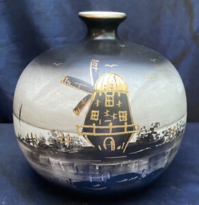 Black White Grey Single Stem Vase with Gold Detail Windmill Lake Boat Scene 6”