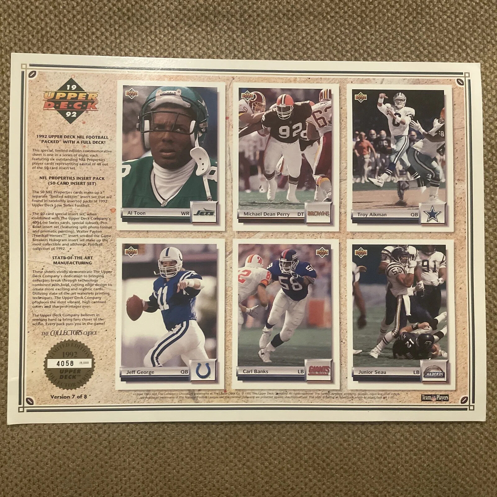 1992 Upper Deck Football Sheet 7 Of 8 Troy Aikman Junior Seau Al Toon Carl Banks
