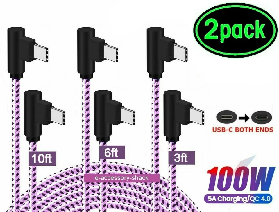 Paquete de 2 cables de carga USB-C a USB-C de ángulo de 90 grados tipo carga rápida cable de sincronización Foto 1 de 4