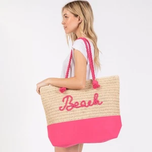 BEACH bestickte Häkeltasche mit Seilgriffen Sommer Strandtasche rosa - Bild 1 von 4