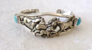 NWT Navajo Bobby Platero 925 Sterling Silver Running Horses Bracelet Turquoise - Picture 1 of 7