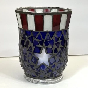 Home Interiors PATRIOTIC Glass Mosaic HURRICANE Candle Holder 4th of July - Picture 1 of 14