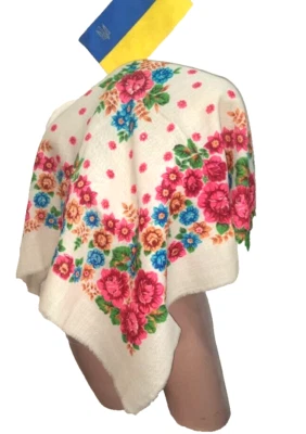 Mantón floral blanco vintage Ucrania bufanda de lana chalet tradicional Foto 1 de 4