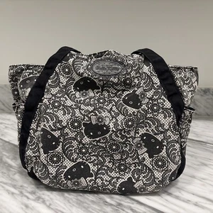 RARE Sanrio 2011  HELLO KITTY BLACK TOTE BAG PURSE Lace Design Double Strap - Picture 1 of 24