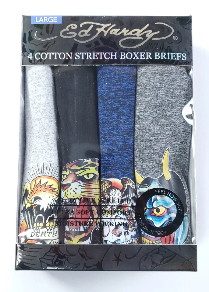 Ed Hardy Men's Sz Large 4 Pair Cotton Stretch Boxer Briefs 129107