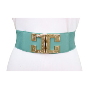 Women Mint Blue Green Elastic Fashion Belt Designer Look Gold Metal C Buckle S M