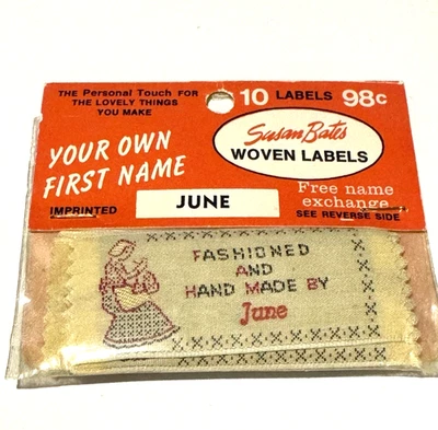 Etiquetas Tejidas Susan Bates De Colección Junio 1241 Nombre Personalizado 10 CT Coser Nuevo de Lote Antiguo Foto 1 de 4