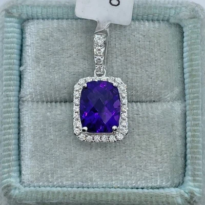 Colgante con halo de amatista creado en laboratorio corte cojín de 3 quilates chapado en oro blanco de 14 quilates de 18" Cha Foto 1 de 3