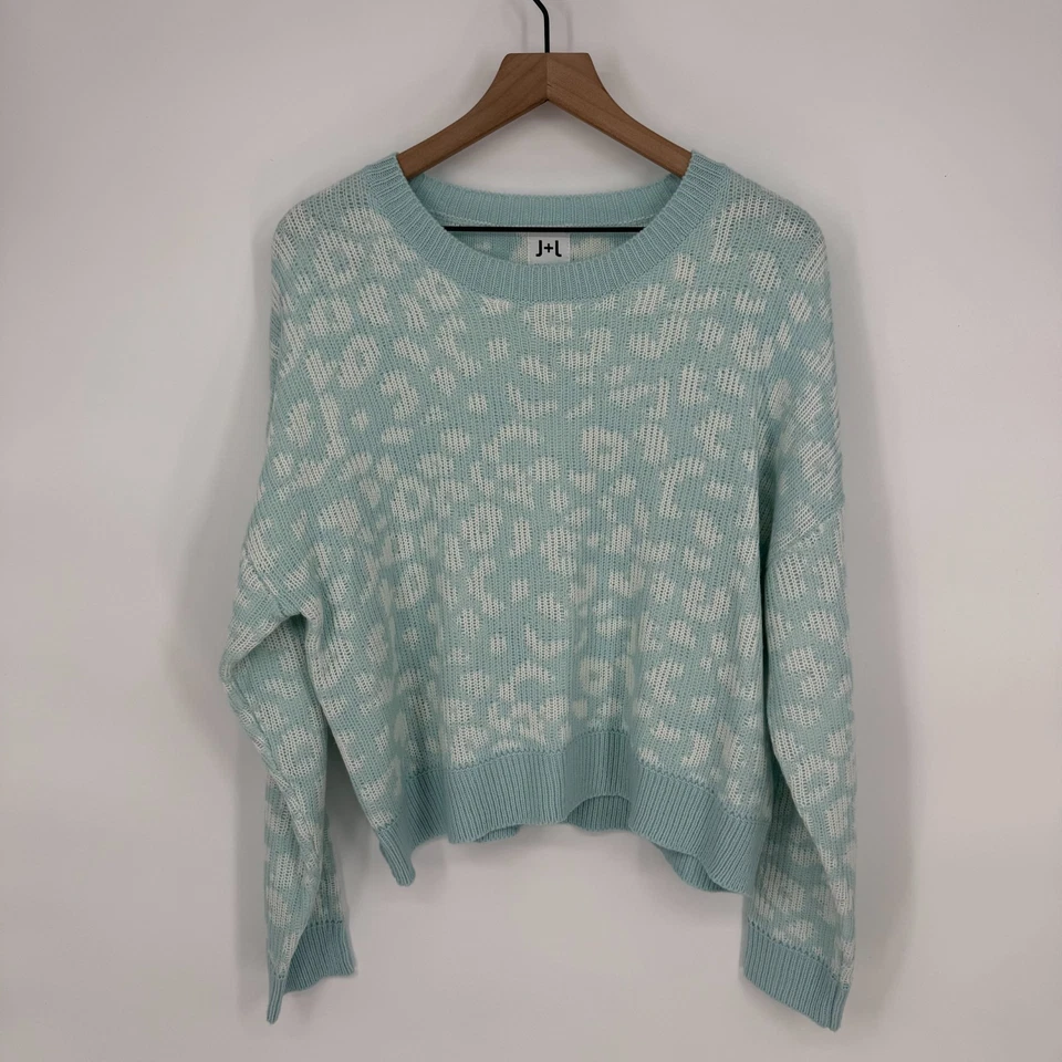 John & Jenn Womens Blue Leopard Print Dolman Long Sleeve Pullover Sweater S
