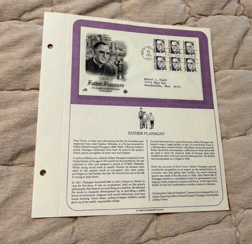 1986 Father Flanagan FDC Founder of Boys Town PCS History Panel NM-MT - Image 1 of 1