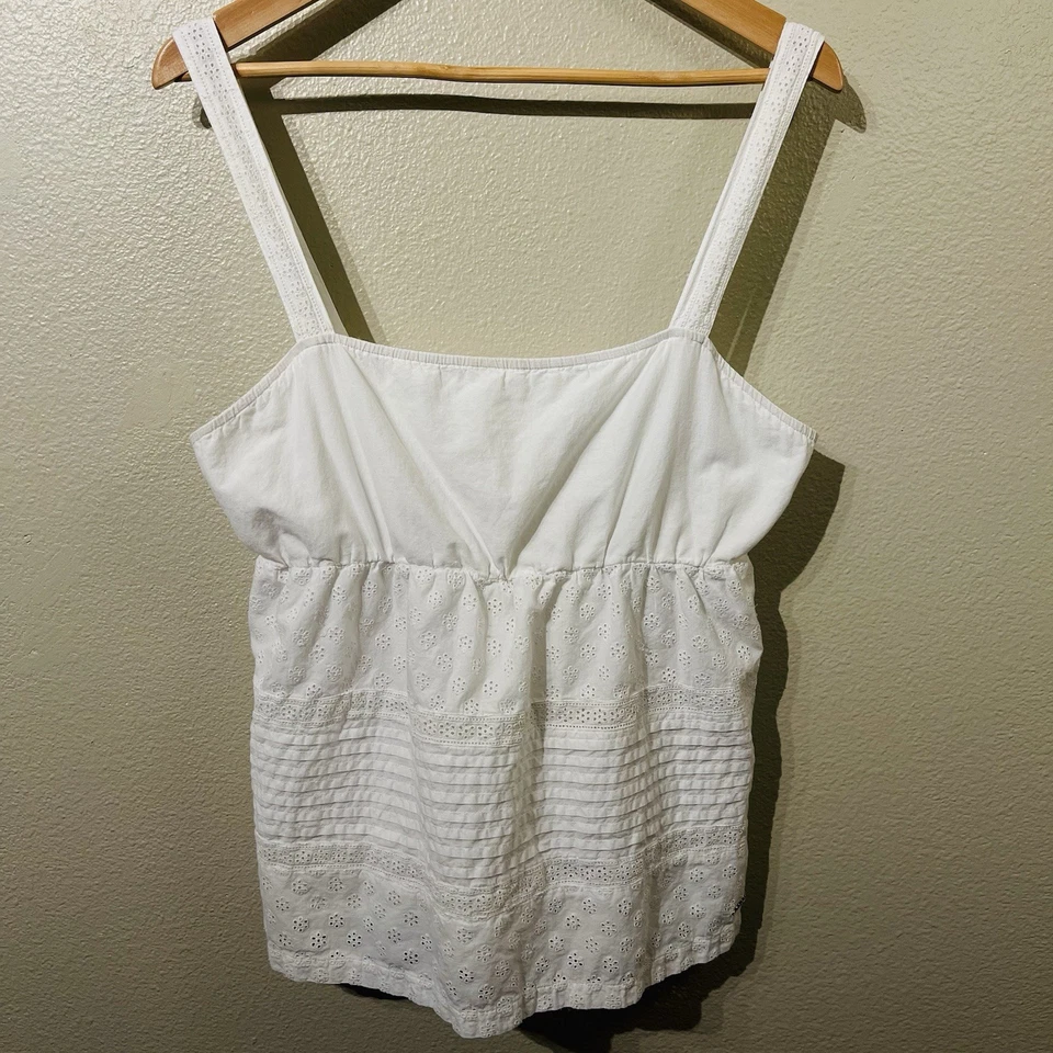 ROXY Vintage Y2K White Babydoll Eyelet Top Smocked Lined Surfer Beach Size L - Image 1 of 4