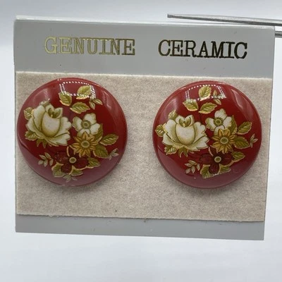 Pendientes vintage de cerámica roja crema floral con poste de pasador declaración Art Deco Foto 1 de 4