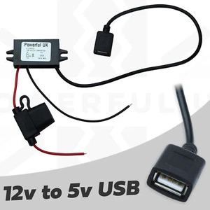 Electrical 12v to 5v 3A USB socket converter loom female port adapter wire +Fuse - Picture 1 of 4