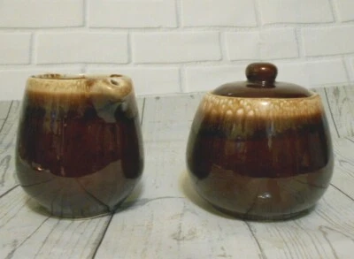 Mid Century Modern McCoy Brown Drip Glaze Creamer  Covered Sugar Bowl 7020 - Image 1 of 4