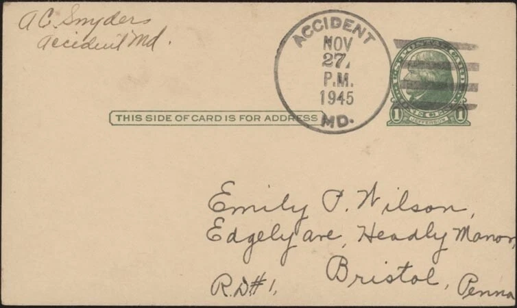 U.S., 1945. Maryland Postal History Card, Accident - Image 1 of 1
