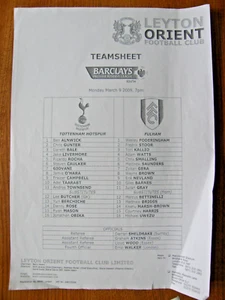 Tottenham v Fulham Team Sheet, 9 March 2009, Premier Reserve @ Orient - Picture 1 of 1