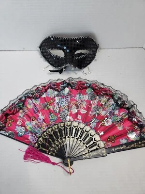 Masquerade Ball Mask Folding Hand Fan Costume Set Black Pink Silver - Image 1 of 4