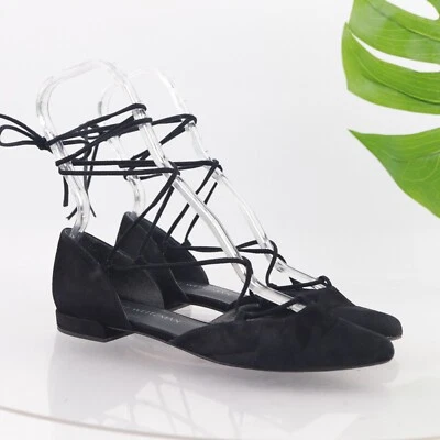 Stuart Weitzman Women's Gilligan Flat Size 7 Ankle Wrap Tie Ballet Black Suede - Image 1 of 4