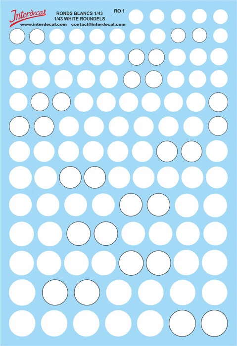 Círculos 8,0-14,5 mm 1/43 imagen deslizante húmeda calcomanía blanca 170x120 mm INTERDECAL