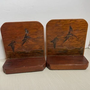 Vintage Solid Wood Bookends Mallard Ducks Outdoors Home Library Decor 6x6 - Picture 1 of 7