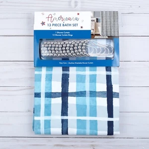 Fabric Shower Curtain Plaid Blue Gray 70x72 Lake Watercolor Hooks Included - Picture 1 of 3