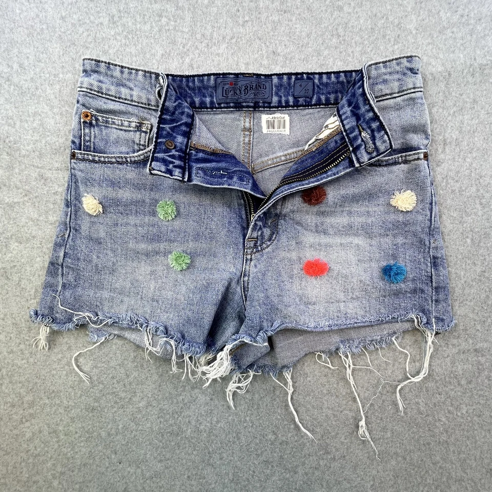 Lucky Brand Shorts Women’s Size 4/27 Blue Denim Floral Embroidery Raw Hem Ladies - Image 1 of 4