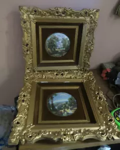 Vintage Pair MCM Porcelain Cameo Landscape Wall Art Velvet Gilt Frame Victorian - Picture 1 of 9