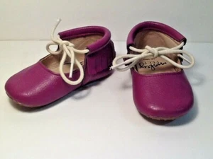 MONKEY FEET Neon PURPLE LEATHER MOCCASINS FLATS GIRLS SIZE 12-18 Months  - Picture 1 of 6
