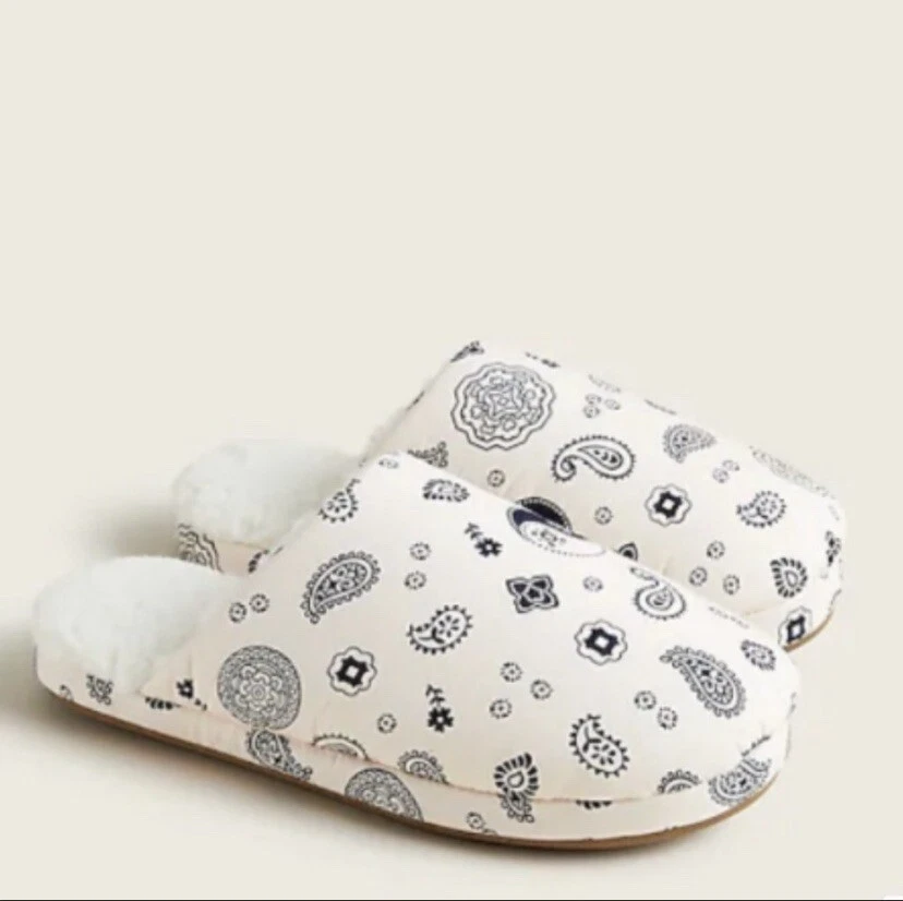 NWT J. Crew Paisley Faux Sherpa-Lined Cotton Slippers - Light Pink/Blue- Size 10 - Image 1 of 1