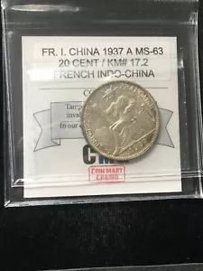 1937 A , France, Indo China, 20 Cent, Coin Mart Graded **MS-63** KM# 17.2 - Picture 1 of 9