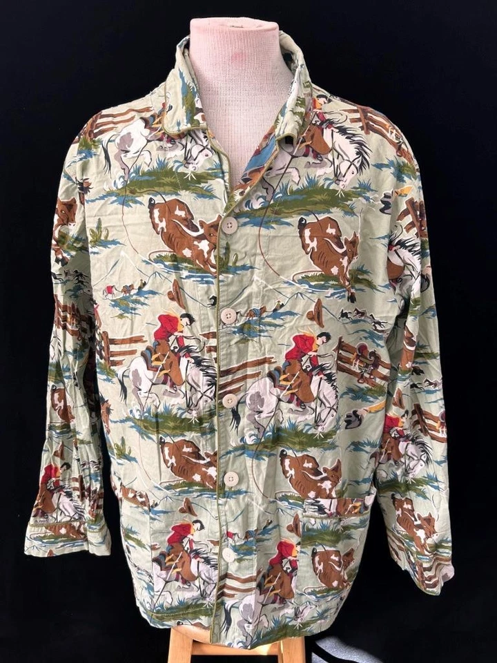 Nick Nora mens pj top size XL cowboy horses cotton long sleeve button up pockets - Image 1 of 4