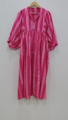 Розовое оранжевое полосатое платье миди | Платье ручной работы из богемного хлопка для женщин | - Изображение 1 из 4