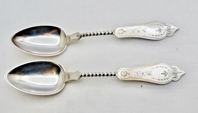 Dos Duhme Nº 1 Moneda Plata Mango Torcido 8.5" Cucharas para Servir Cincinnati Ohio Foto 1 de 3