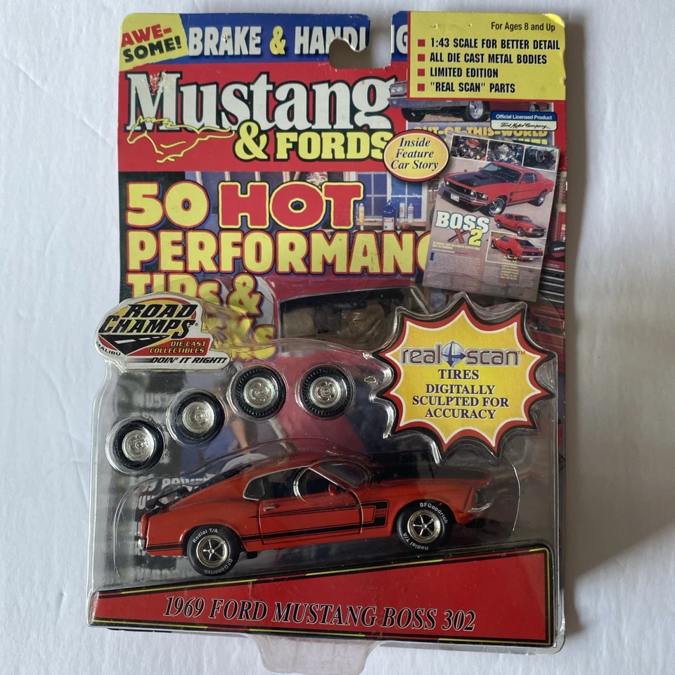 ROAD CHAMPS 1969 FORD MUSTANG BOSS 302 RED REAL SCAN TIRES 1/43 O Scale - Image 1 of 4