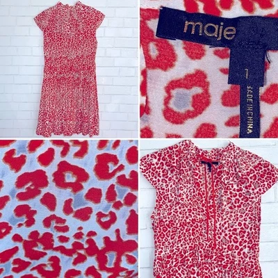 MAJE $320 Rutti 橙色和灰色雪纺豹纹连衣裙 FR 1 美国 S — 第 1/4 张图片