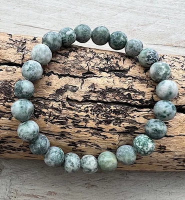 Damen Jaspis Perlen Armband Perlenarmband elastisch 19cm grüne Punkte 8mm NEU - Bild 1 von 4