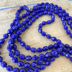 Vintage Faceted Dark Cobalt Blue Glass Beads 50” Long Strand Necklace Statement - Picture 1 of 3
