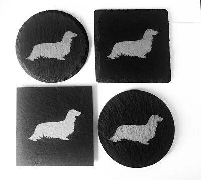 Dachshund Largo Abrigo Grabado Pizarra Posavasos Regalo - Imagen 1 de 4