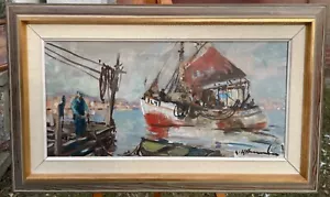 Uno Hubert Karlsson ( An. 1903) -aceite Painting-A Scene IN The Fishing Port - Imagen 1 de 7