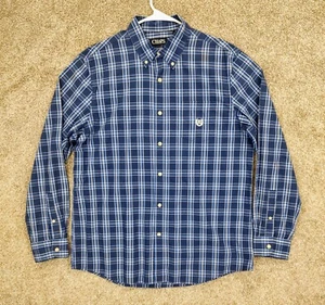 Men L Shirt Blue Plaid Embroidered Logo Pocket Breathable Cotton Button Up Chaps - Picture 1 of 11