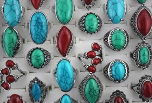 Wholesale Lots 60pcs Silver P Mixed Big Natural Stone Fashion Unisex Rings - Picture 1 of 24