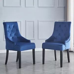 2x Blue Velvet Dining Chairs Button-Tufted Upholstered with Rivets Ring Pull - Picture 1 of 11