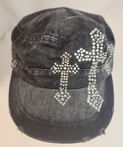 Gray Denim Womens Hat Cap Three Cross Cowgirl Up Distressed Rhinestones Adjust - Picture 1 of 15