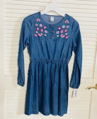Carter's Girls 12 码蓝色牛仔衬衫连衣裙长袖刺绣全新带标签 — 第 1/4 张图片