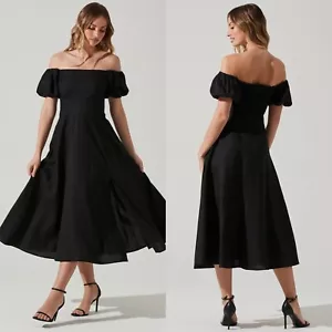 NEW ASTR Black LINEN Off Shoulder PUFF SLEEVE Smocked Back SLIT Midi DRESS - Picture 1 of 12