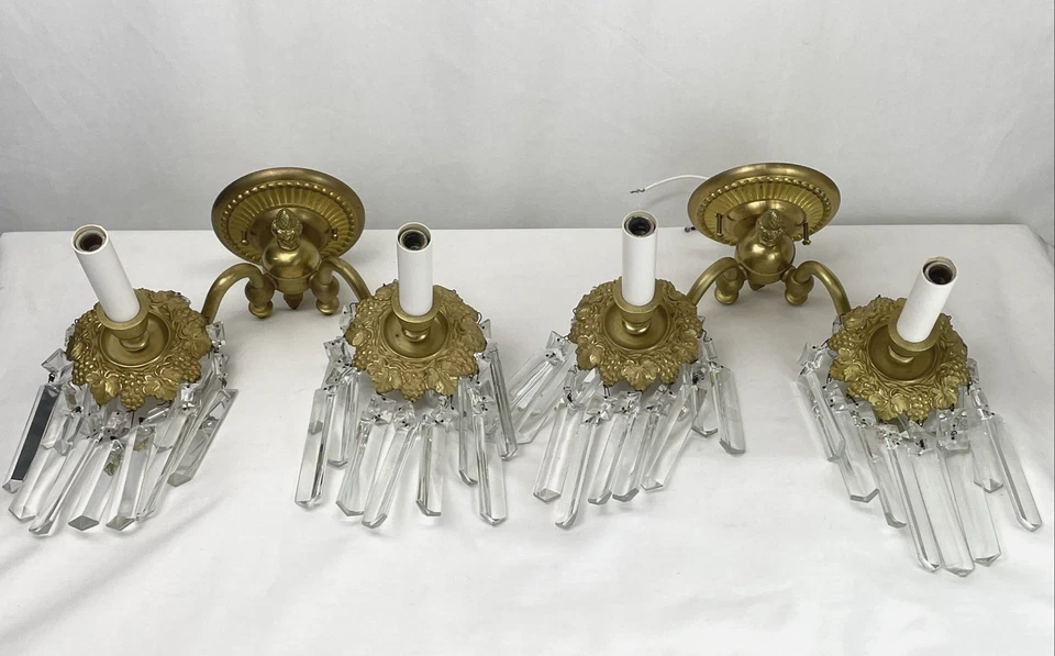 PAR RESTAURADOS Apliques de Pared de Cristal Antiguo De Colección Victoriano Art Deco 2 Brazos, Doble Foto 1 de 4