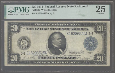 Fr#983a 1914 $20 FRN Richmond White Mellon S/N E16286525A PMG 25 - Image 1 of 2