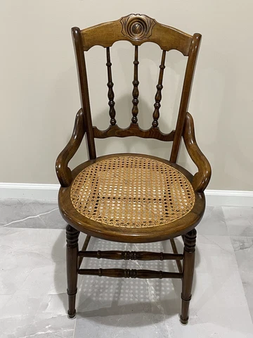 Antique Fretwork Back Oak Side Chair with Cane Seat & Turned Spindle Legs Cover